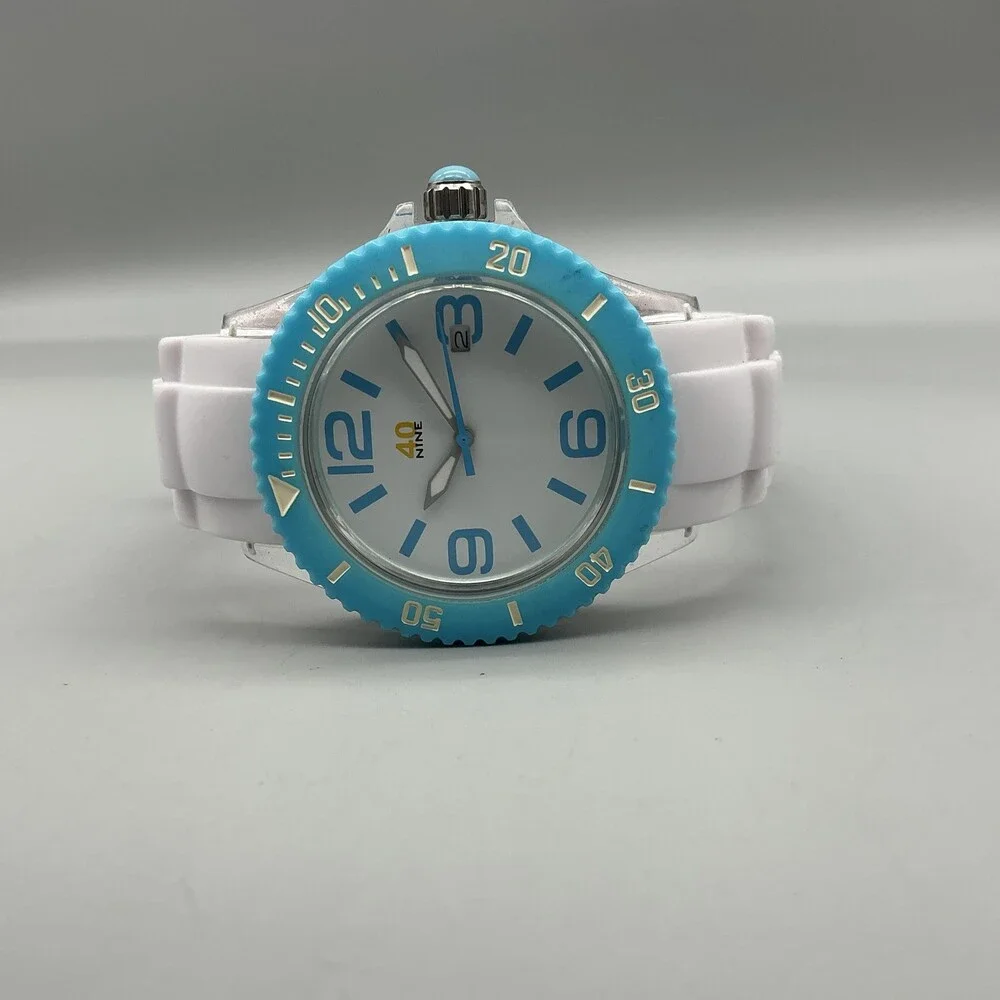 40nine Mens Watch 40mm White Dial Blue Bezel Silicone Date New Battery